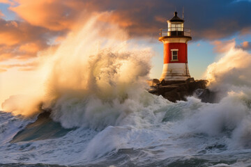 A lighthouse, painted white with a red base and a black top, standing steadfast on a rocky shore. Waves crashes against the lighthouse and the surrounding rocks, sunset, guidance, nature’s raw power - Powered by Adobe