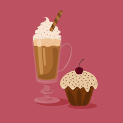 Coffee in glass vector flat. A glass of coffee with foam and a cupcake with a cherry on a pink background. Vector illustration