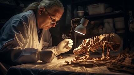Women forensic anthropologists examining animal bones in a lab, focusing on physical evidence, archaeology, and scientific research. - obrazy, fototapety, plakaty