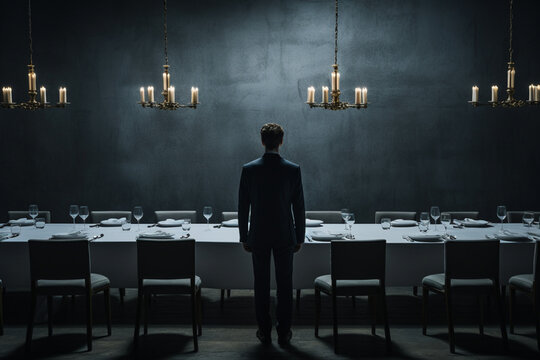 Dinner Party, Modern Restaurant, Unrecognizable Man Standing Alone