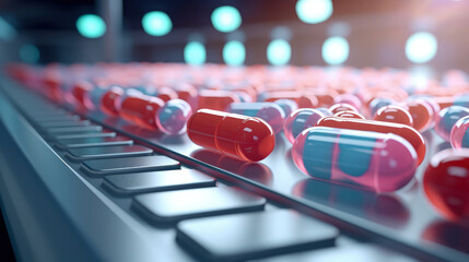 Close-up of a conveyor belt in the production of tablets and vitamins. Pharmaceutical industry concept.
