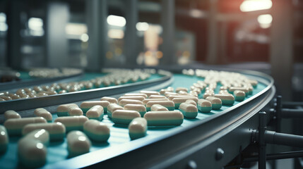 Close-up of a conveyor belt in the production of tablets and vitamins. Pharmaceutical industry concept. - obrazy, fototapety, plakaty