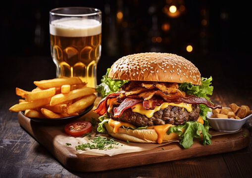 Tasty Burger With Bacon And Cheese With Fries And Beer Glass On Wooden Board.Macro.AI Generative