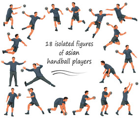 18 isolated figures of Asian handball players and goalkeepers in black uniforms playing, training, standing, running, rushing, jumping, catching, throwing the ball