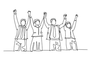 Single continuous line drawing of group of male manager and female manager hold hands each other to celebrate their success win tender. Team work goal. One line draw graphic design vector illustration