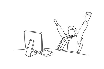 Continuous one line drawing of young happy male manager sitting on chair and clenched fist raised in the air in front of computer. Success business deal. Single line design vector graphic illustration