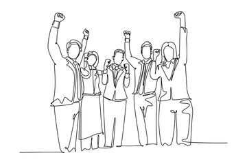 Single continuous line drawing of young happy male and female worker raise their hands up to the sky together. Business teamwork celebration. Dynamic one line draw graphic design vector illustration