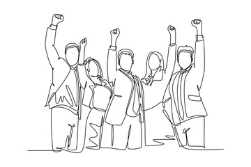 Single continuous line drawing group of male manager and female manager celebrating their success achieve the business target. Team work goal concept. One line draw graphic design vector illustration