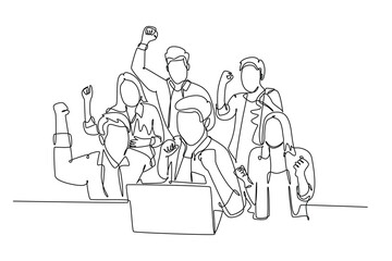 Single continuous line drawing of young happy business man and business woman sitting in front of laptop and celebrating their success. Team work goal. One line draw graphic design vector illustration