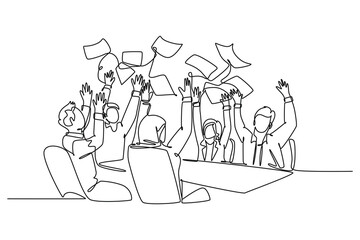 Single continuous line drawing of young male and female stockbroker celebrate their success win on the stock exchange. Stock exchange business concept. One line draw graphic design vector illustration