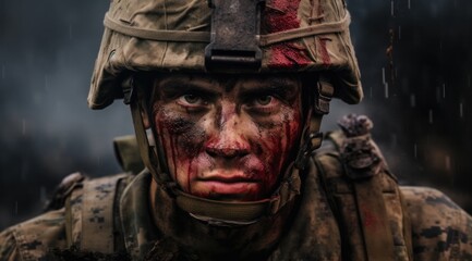 Obraz premium A bloodied man stands alone in the outdoor darkness, his face a haunting canvas of horror and despair