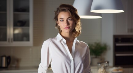 Fototapeta na wymiar A young woman stands against an indoor kitchen wall, her white shirt billowing in the breeze as she exudes confidence and effortless style