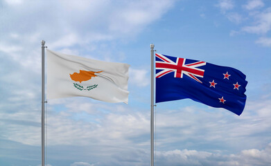 New Zealand and Cyprus flags, country relationship concept