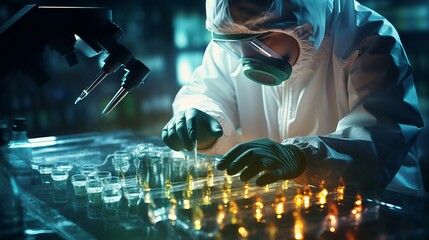 A doctor in a lab wearing a mask while analyzing virus samples, highlighting scientific expertise, health, and medical research. in dangerous situation - obrazy, fototapety, plakaty