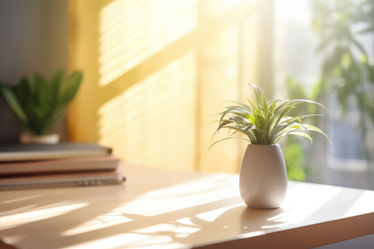 Green flower in a pot on a table in a modern room, bright interior lighting, space for text
