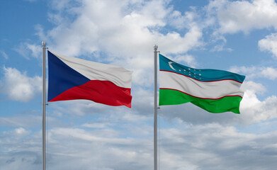 Uzbekistan and Czech flags, country relationship concept
