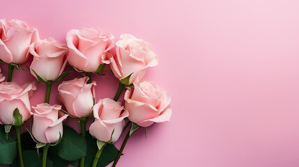 Fototapeta premium Bouquet of pink roses on the pink background. Beautiful floral composition for wedding, Valentine's day, birthday.