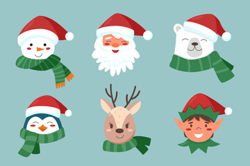 Set of Christmas character portraits. Santa Claus, elf, snowman, white bear, penguin, deer	

