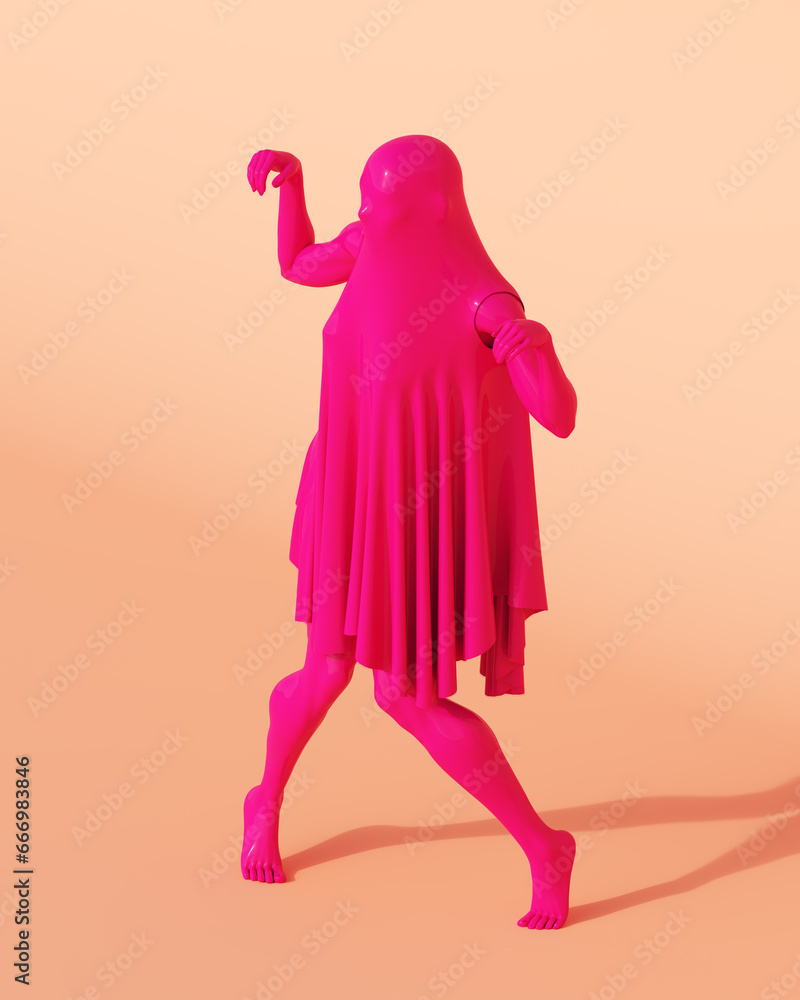 Wall mural Ghostly figure pink Halloween woman fashion dress silhouette ghost peach background 3d illustration render digital rendering