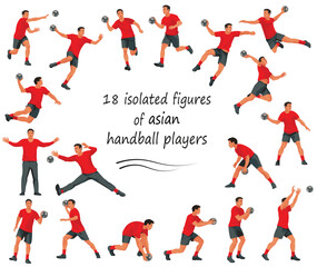 18 isolated figures of Asian handball players and goalkeepers in red t-shirts standing in the goal, running, throwing the ball, jumping