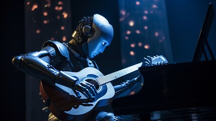 A robotic DJ performing music, emphasizing artificial intelligence (AI), acoustic guitar, and music production using futuristic technology.