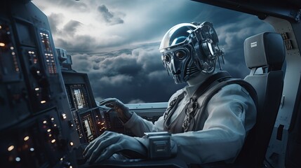 A robotic captain piloting a jet aircraft, managing a dangerous air strike, and controlling the aircraft with advanced technology