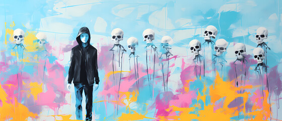 Skulls and bones pattern ultra minimalist, graphic design, abstract shape of teen newspaper boy, pastel colors