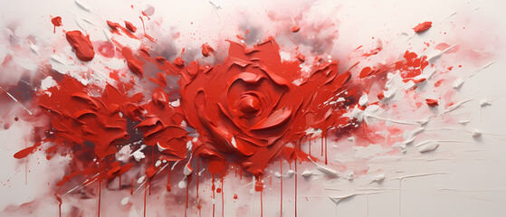 spray on wall rose red drop flow down on whшte wall, texture painting with oil brush stroke, palette knife paint on canvas