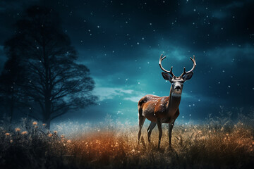 A deer on a plain at night under the full moon