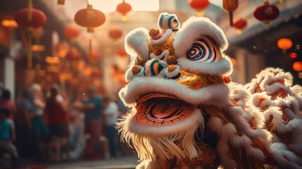 Lion dance street performance. Celebration of Chinese New Year Festival. - obrazy, fototapety, plakaty
