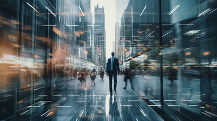 businessman is walking in a busy city.