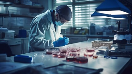 A forensic expert conducting a blood sample and DNA analysis, emphasizing crime scene investigation, forensic science, and evidence analysis. - obrazy, fototapety, plakaty