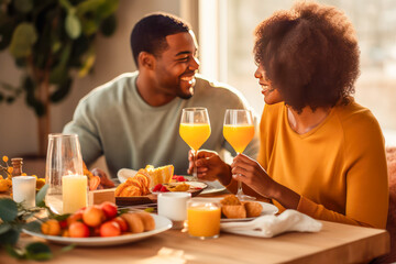 Fototapeta na wymiar Couple enjoying brunch or breakfast on New Year's Day
