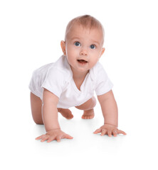 Cute little baby crawling on white background