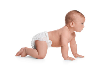 Cute little baby in diaper crawling on white background