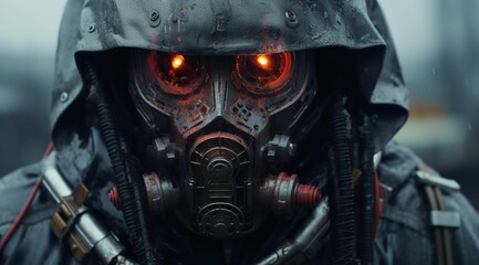 Fototapeta premium AI generated illustration of a dark hooded figure with a gas mask and glowing eyes