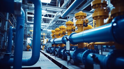 Industrial pipes and valves in a power plant - obrazy, fototapety, plakaty