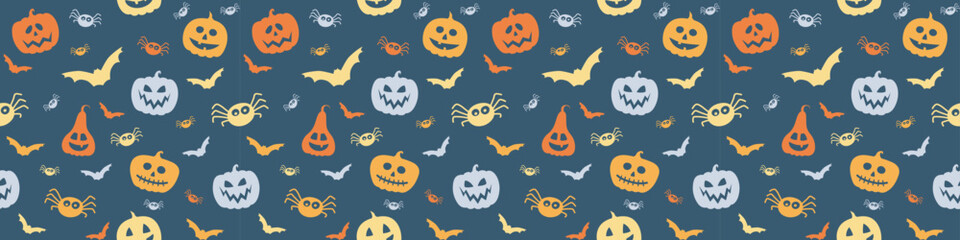 Halloween banner with creepy pumpkins, bats and spiders. Seamless texture. Vector
