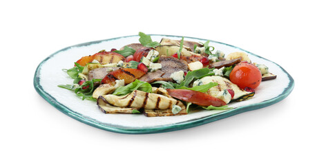 Delicious salad with beef tongue, grilled vegetables, peach and blue cheese isolated on white