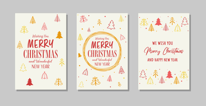 Collection of colourful Christmas greeting cards with hand drawn trees. Vector illustration
