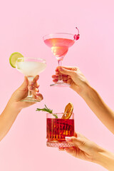 Poster. Variations of alcohol drinks. Capturing hands with funky cocktail glasses, each hosting a uniquely colorful drink, set against colorful studio background.