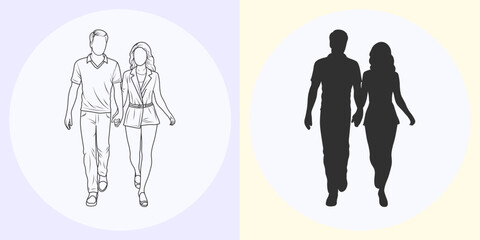 Hand drawn couple holding hands line art with silhouette
