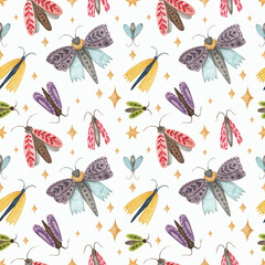 Seamless pattern with different colored moths on a white background. Watercolor illustration. Print on fabric and paper. Insects. Nature. Stars. Wallpaper. Art. Design. Beautiful. Cute. Handmade work.