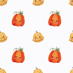 Seamless pattern with cute pumpkin and squash on a white background. Watercolor illustration. Print on fabric and paper. Vegetables. Nature. Natural. Cartoon. Art. Design. Wallpaper. Handmade work.