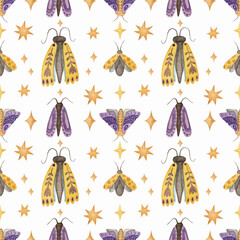 Seamless pattern with yellow and purple moths on a white background. Watercolor illustration. Print on fabric and paper. Insects. Nature. Stars. Wallpaper. Art. Design. Beautiful. Cute. Handmade work.