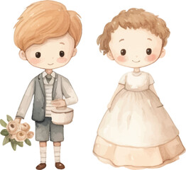 cute childish wedding illustrations drawn in watercolor on white background.