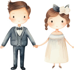 Obraz na płótnie Canvas cute childish wedding illustrations drawn in watercolor on white background.