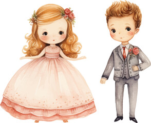 Fototapeta premium cute childish wedding illustrations drawn in watercolor on white background.