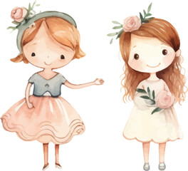 cute childish wedding illustrations drawn in watercolor on white background.