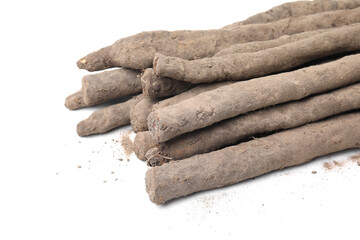 Fresh raw salsify roots on white background, closeup. Space for text